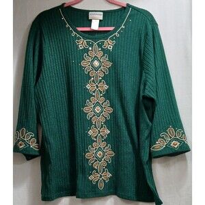 Alfred Dunner Women's 2X Boho Embroidered Top 3/4 Sleeve Green Embellished EUC